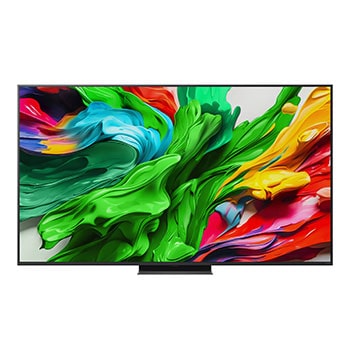 Front view of LG QNED evo TV, LG QNED evo Al Logo on the top corner. LG QNED evo TV depicts colorful paintike textures coming together.