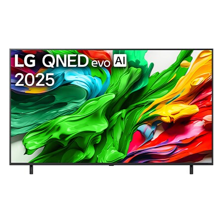 Front view of LG QNED evo TV, LG QNED evo Al Logo on the top corner. LG QNED evo TV depicts colorful paintike textures coming together.