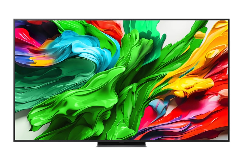 Front view of LG QNED evo TV, LG QNED evo Al Logo on the top corner. LG QNED evo TV depicts colorful paintike textures coming together.