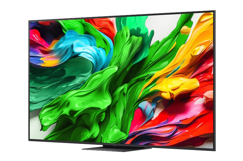 Front view and side view of LG QNED evo AI 4K Smart TV showing its length, width, height, and depth dimensions.