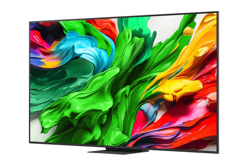 Front view and side view of LG QNED evo AI 4K Smart TV showing its length, width, height, and depth dimensions.