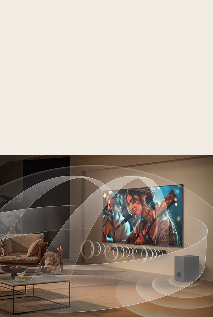 TV LG QNED và Soundbar LG lấp đầy không gian phòng khách bằng âm thanh vòm đa chiều.