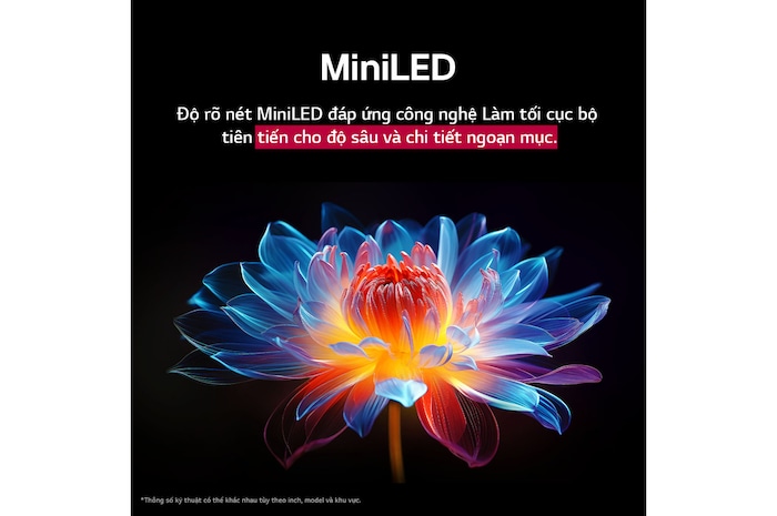 Bông hoa ba chiều 3D với nhiều màu và sắc thái khác nhau trên nền đen. Định nghĩa và chi tiết của bông hoa thể hiện khả năng tạo ra hình ảnh với màu sắc, độ sáng và độ tương phản vượt trội của QNED MiniLED. Tiêu đề nói về cách MiniLED tăng cường độ rõ nét và mang lại độ tương phản vượt trội.