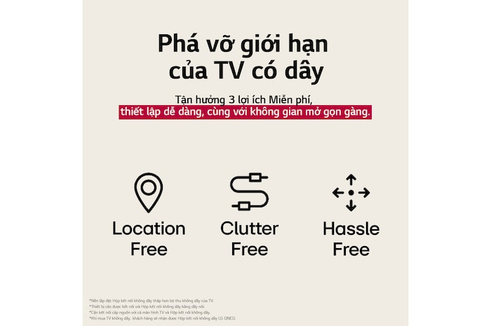 Ba biểu tượng đại diện cho 3 lợi ích Miễn phí từ LG True Wireless TV. Không ràng buộc vị trí, lộn xộn, không rắc rối. Văn bản nói về việc thoát khỏi giới hạn của TV có dây và tận hưởng việc thiết lập dễ dàng và không gian mở, gọn gàng.