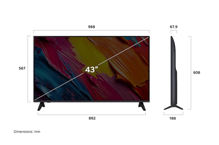 Hình ảnh mặt trước và mặt bên của Smart TV LG QNED AI QNED70 4K cho thấy các kích thước chiều dài, chiều rộng, chiều cao và chiều sâu.