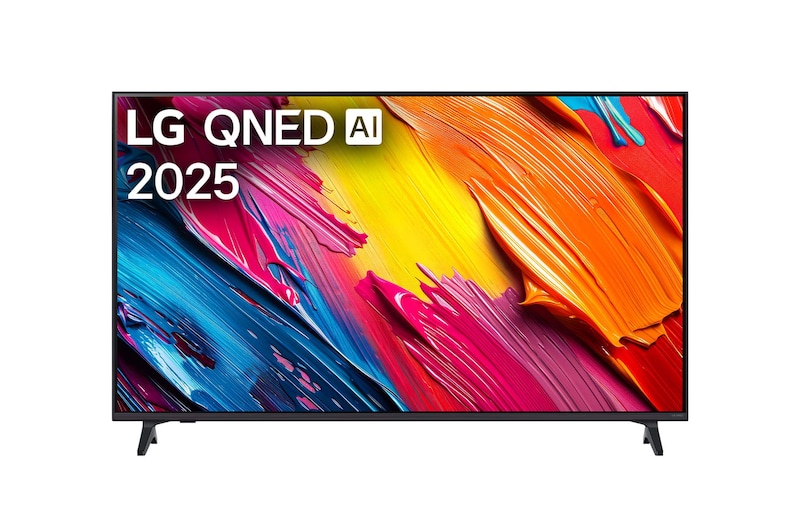 Hình ảnh mặt trước của TV LG QNED70, Logo LG QNED Al ở góc trên cùng. LG QNED TV phô bày kết cấu sơn đầy màu sắc hòa hợp với nhau.