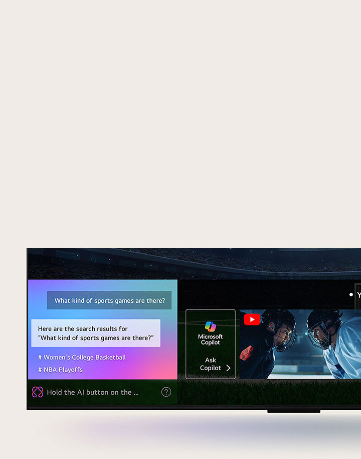 Màn hình TV LG QNED hiển thị cách AI Search hoạt động. Một cửa sổ chat nhỏ mở ra, cho thấy người dùng đặt câu hỏi về các trận đấu thể thao có sẵn. AI Search phản hồi qua cuộc trò chuyện và hiển thị hình thu nhỏ của các nội dung phù hợp. Đồng thời, trên màn hình cũng xuất hiện gợi ý đặt câu hỏi cho Microsoft Copilot.