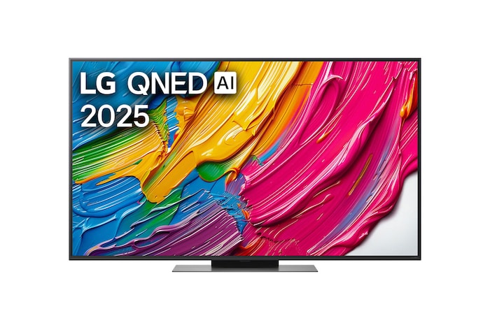 Front view of LG QNED80 TV, LG QNED Al Logo on the top corner. LG QNED TV depicts colorful paintike textures coming together.