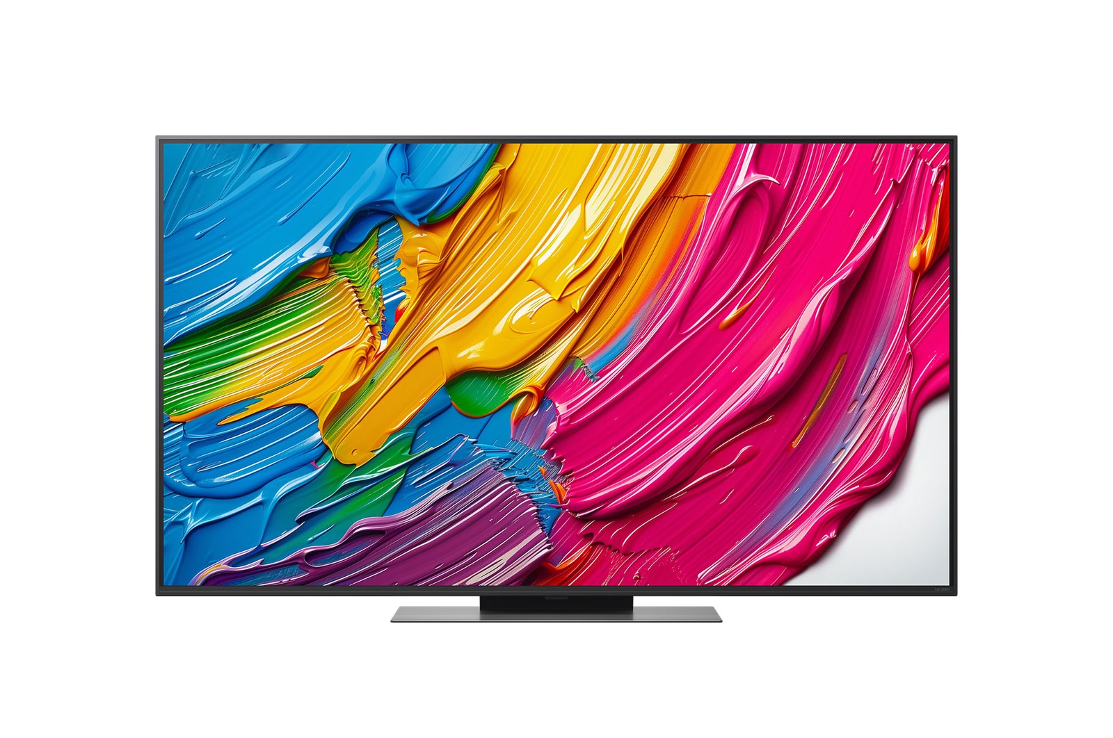 Front view of LG QNED80 TV, LG QNED Al Logo on the top corner. LG QNED TV depicts colorful paintike textures coming together.