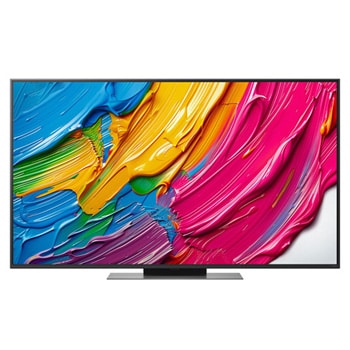 Front view of LG QNED80 TV, LG QNED Al Logo on the top corner. LG QNED TV depicts colorful paintike textures coming together.