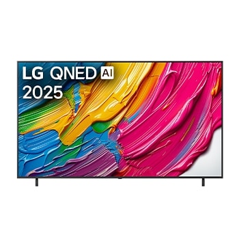Front view of LG QNED80 TV, LG QNED Al Logo on the top corner. LG QNED TV depicts colorful paintike textures coming together.