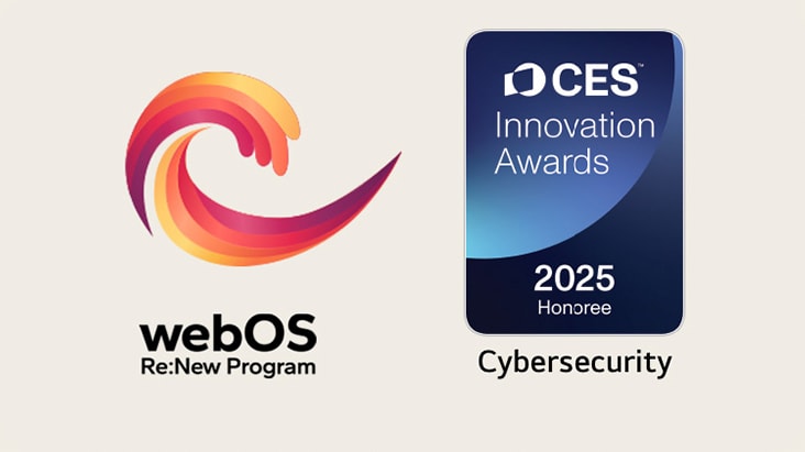 Logo webOS Re:New Program cùng với huy hiệu CES Innovation Awards ở gần đó.