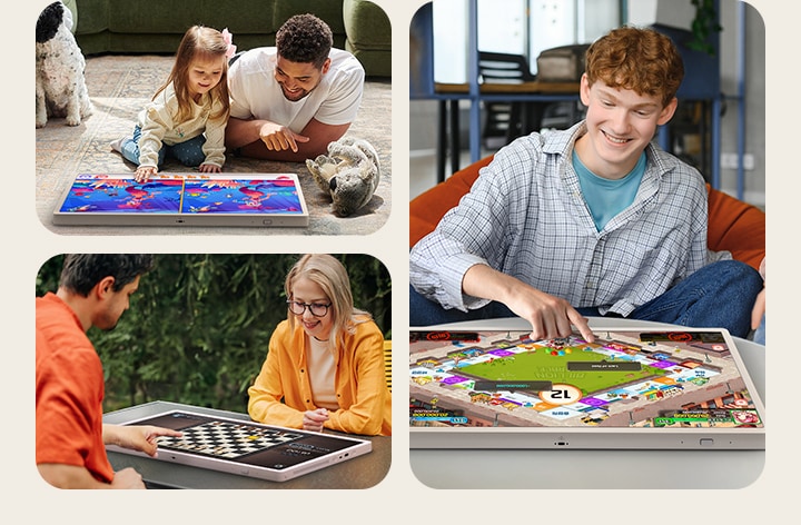 Ba hình ảnh hiển thị ba nhóm người dùng khác nhau sử dụng StanbyME 2 để chơi đa dạng board game trong không gian sống hiện đại.