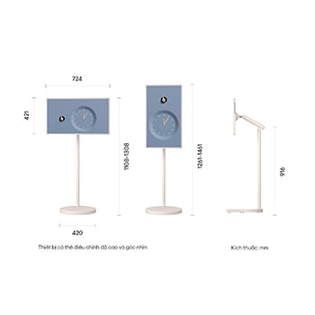 Màn hình Giải trí Di động LG StanbyME 2 Max LX6 được thể hiện ở góc nhìn chính diện và bên hông với màn hình 32 inch có kích thước 724 × 421 mm. Tổng chiều cao của sản phẩm bao gồm màn hình là 1108-1308 mm khi màn hình ở chế độ ngang và 1261-1461 mm khi ở chế độ dọc; chiều cao của chân đế là 916 mm.