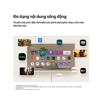 Màn hình Giải trí Di động LG StanbyME 2 Max LX6 với các ứng dụng OTT hiển thị giao diện của các nền tảng phát trực tuyến như Netflix và YouTube trên và xung quanh màn hình, thể hiện khả năng truy cập đa dạng nội dung, từ phim truyền hình, phim điện ảnh đến âm nhạc.