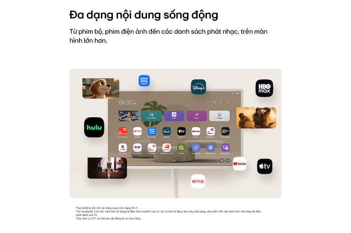 Màn hình Giải trí Di động LG StanbyME 2 Max LX6 với các ứng dụng OTT hiển thị giao diện của các nền tảng phát trực tuyến như Netflix và YouTube trên và xung quanh màn hình, thể hiện khả năng truy cập đa dạng nội dung, từ phim truyền hình, phim điện ảnh đến âm nhạc.