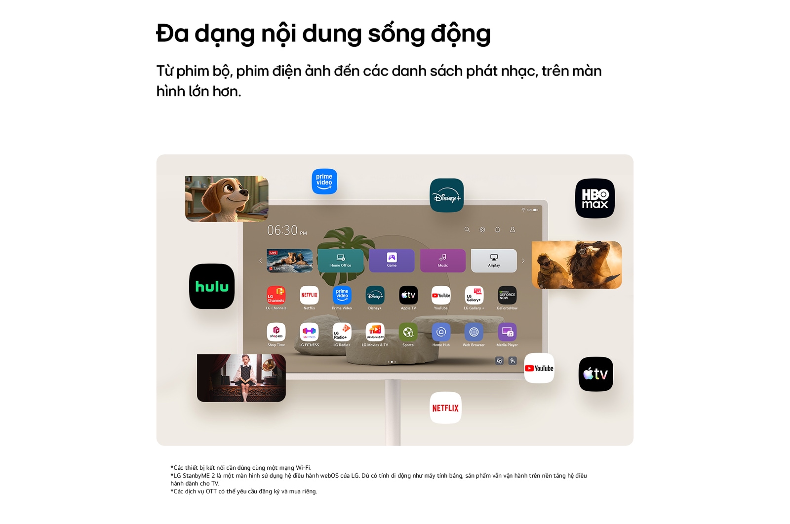 Màn hình Giải trí Di động LG StanbyME 2 Max LX6 với các ứng dụng OTT hiển thị giao diện của các nền tảng phát trực tuyến như Netflix và YouTube trên và xung quanh màn hình, thể hiện khả năng truy cập đa dạng nội dung, từ phim truyền hình, phim điện ảnh đến âm nhạc.
