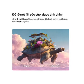 Màn hình Giải trí Di động LG StanbyME 2 Max LX6 với AI Super Upscaling hiển thị hình ảnh chia đôi của một chú rùa đang bay mang theo nhiều vật thể trên mai, với một bên mờ và bên còn lại rõ nét, minh họa khả năng tăng cường độ rõ nét và tinh chỉnh chi tiết đạt chuẩn 4K.