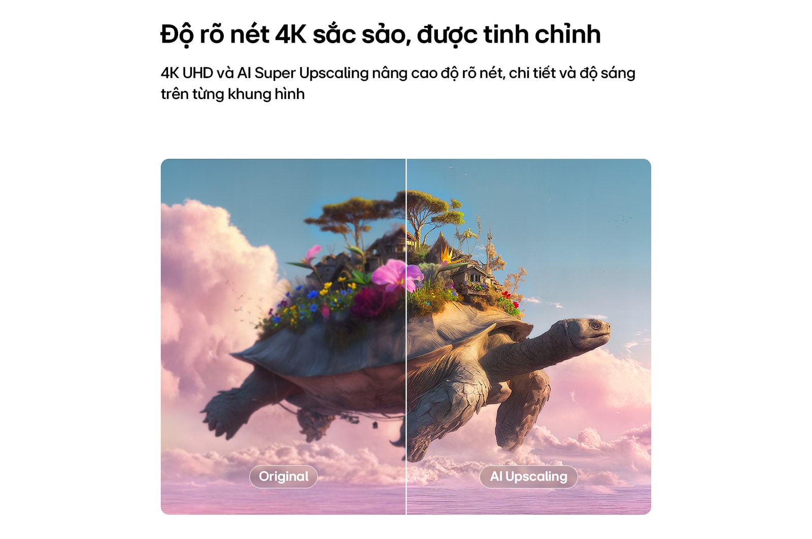 Màn hình Giải trí Di động LG StanbyME 2 Max LX6 với AI Super Upscaling hiển thị hình ảnh chia đôi của một chú rùa đang bay mang theo nhiều vật thể trên mai, với một bên mờ và bên còn lại rõ nét, minh họa khả năng tăng cường độ rõ nét và tinh chỉnh chi tiết đạt chuẩn 4K.