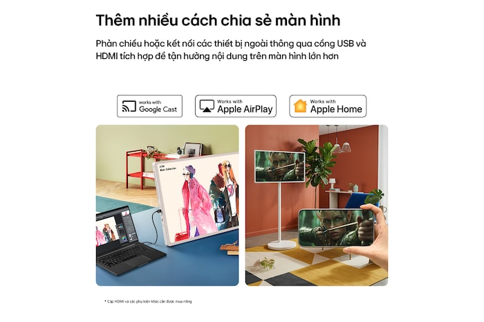 Màn hình Giải trí Di động LG StanbyME 2 Max LX6 được đặt trong một căn phòng sáng với tường màu cam, cạnh cửa sổ, hiển thị hình ảnh máy bay màu đỏ bay trên bầu trời xanh, làm nổi bật nội dung hiển thị sống động và khả năng bố trí linh hoạt cho trải nghiệm xem thư giãn.