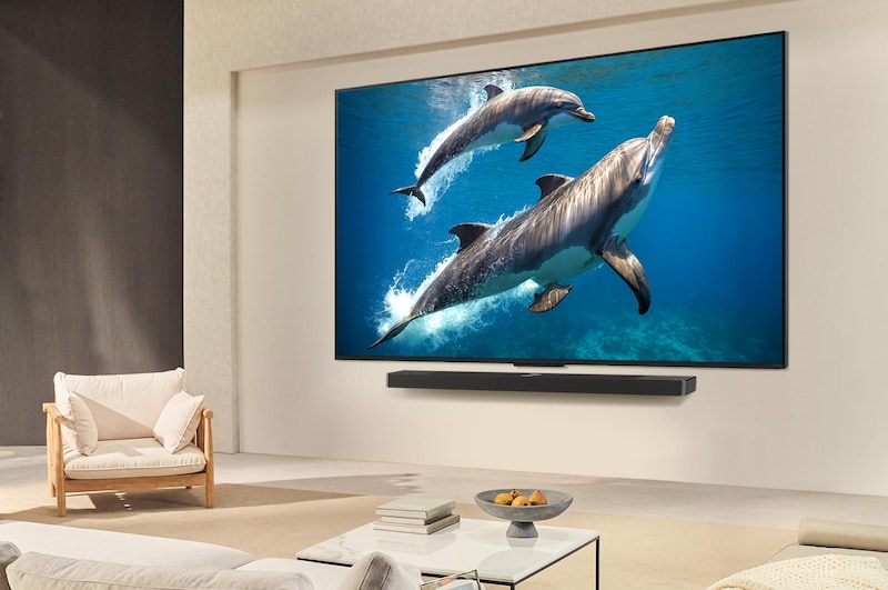 Cả gia đình ngồi trên chiếc ghế dài đối diện LG QNED TV treo tường, phía trên là LG Soundbar, một cô bé chỉ vào màn hình chiếu ảnh hai chú cá heo. Tiêu đề nói về cách màn hình lớn khiến mọi hành động trở nên ly kỳ hơn.