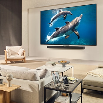 Cả gia đình ngồi trên chiếc ghế dài đối diện LG QNED TV treo tường, phía trên là LG Soundbar, một cô bé chỉ vào màn hình chiếu ảnh hai chú cá heo. Tiêu đề nói về cách màn hình lớn khiến mọi hành động trở nên ly kỳ hơn.