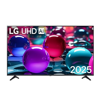 Front view of UHD TV, LG UHD Al Logo on the top corner. LG UHD TV depicts colorful paintike textures coming together.