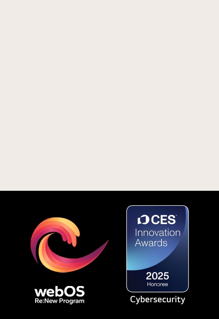Logo và tên webOS Re:New Program cùng với huy hiệu CES Innovation Awards 2025 Honoree ở gần đó.