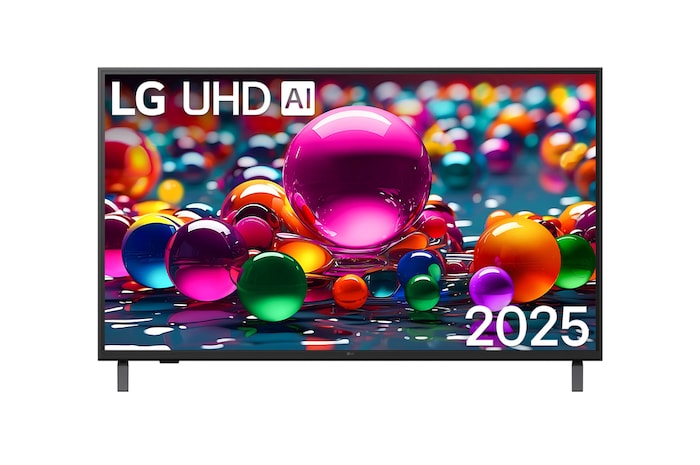 Front view of UHD UA8450 TV, LG UHD Al Logo on the top corner. LG UHD TV depicts colorful paintike textures coming together.