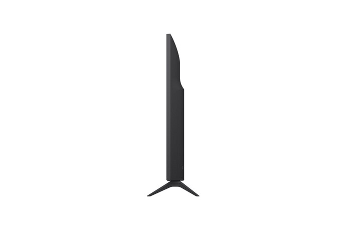 Front view and side view of LG UHD AI UA8450 4K Smart TV showing its length, width, height, and depth dimensions.