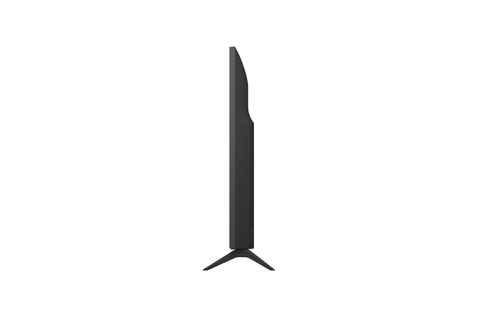Front view and side view of LG UHD AI  UA8450 4K Smart TV showing its length, width, height, and depth dimensions.