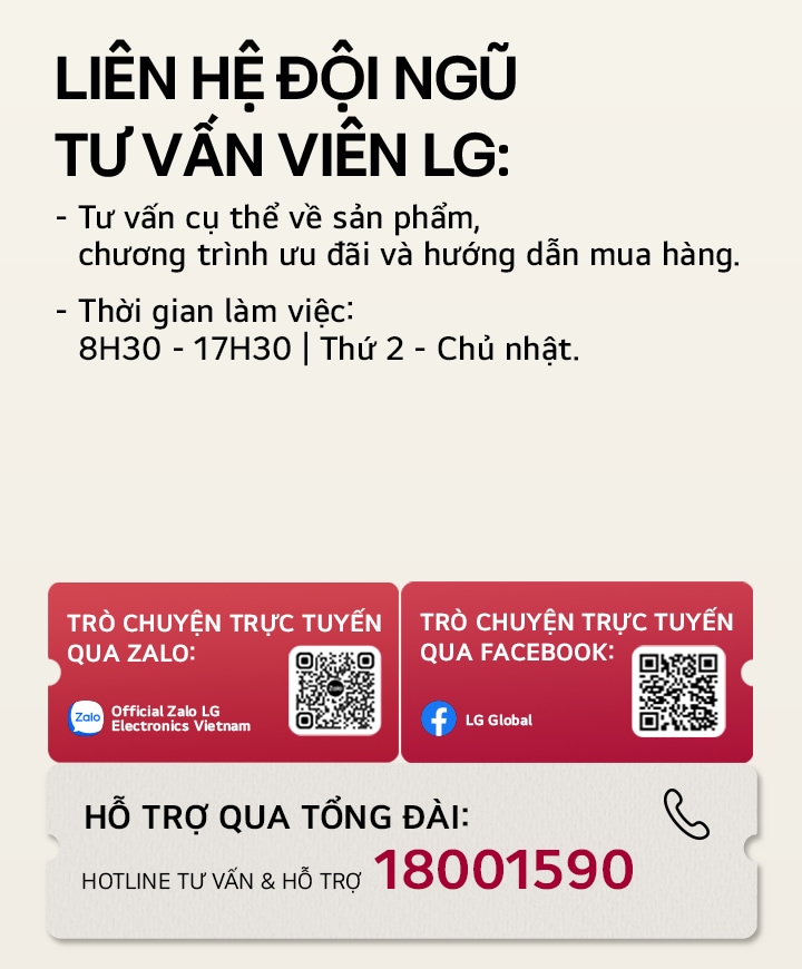 Hình ảnh mô tả khu vực liên hệ đội ngũ tư vấn viên LG với thông tin tư vấn sản phẩm, chương trình ưu đãi và hướng dẫn mua hàng, bao gồm hỗ trợ qua Zalo, Facebook và hotline 18001590.