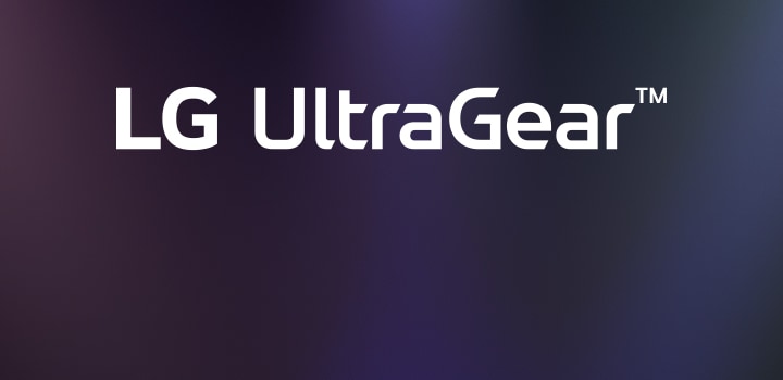 Logo UltraGear™ trong không gian phòng phong cách tương lai với ánh sáng neon.
