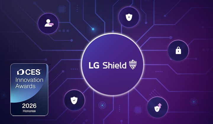 Màn hình gaming thông minh LG làm nổi bật hệ thống bảo mật LG Shield với mã hóa mạng, bảo vệ dữ liệu và trực quan hóa bảo mật nhiều lớp, nhấn mạnh lưu trữ dữ liệu an toàn, truyền tải an toàn và công nghệ bảo mật thiết bị thông minh từng đoạt giải thưởng.