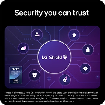 Hình ảnh này làm nổi bật hệ thống bảo mật LG Shield với mã hóa mạng, bảo vệ dữ liệu và trực quan hóa bảo mật nhiều lớp, nhấn mạnh việc lưu trữ dữ liệu an toàn, truyền tải an toàn và công nghệ bảo mật thiết bị thông minh từng đoạt giải thưởng.