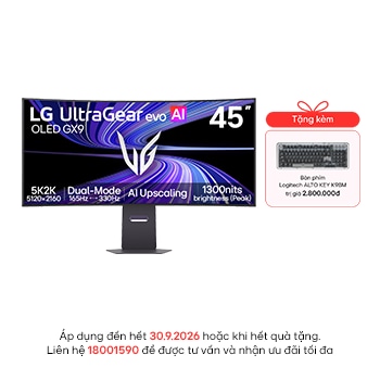 Hình ảnh mặt trước của Màn hình gaming OLED 5K2K 45-inch UltraGear evo GX9 – màn hình 45 inch đầu tiên trên thế giới tích hợp công nghệ AI Upscaling 45GX950B-B