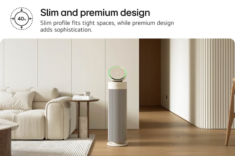 LG air purifier with a slim, modern design placed in a sophisticated living room with a beige sofa and bookshelf. Text reads: 'Slim and premium design: Slim profile fits tight spaces, while premium design adds sophistication,' emphasizing style and functionality.