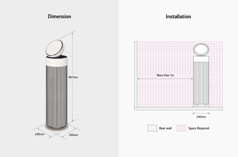 Diagram showing LG air purifier dimensions (997mm height, 240mm width) and installation guidelines requiring over 1m space from the rear wall.