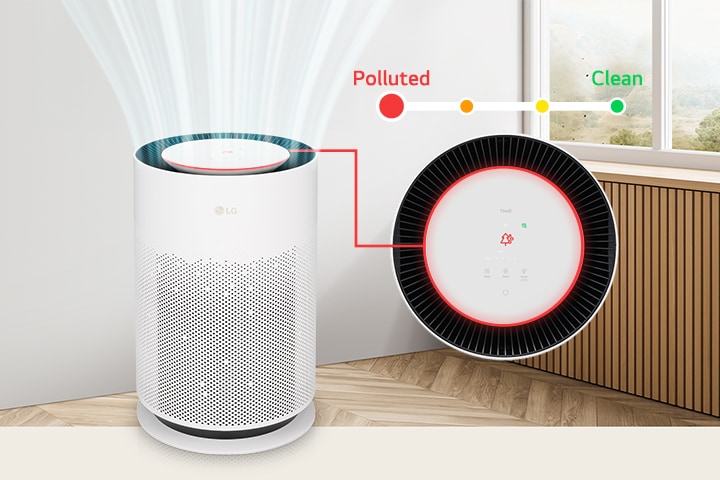 Máy lọc không khí LG phát hiện không khí ô nhiễm bằng đèn LED đỏ, sau đó sẽ lọc sạch cho đến khi đèn chuyển sang màu xanh lá cây báo hiệu không khí sạch.