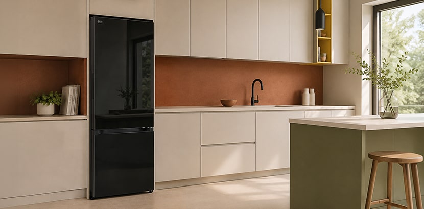 Toàn cảnh tủ lạnh ngăn đá dưới LG với InstaView trong căn bếp.