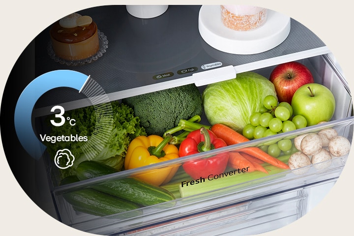 Đồng hồ tròn hiển thị 2°C, cùng với phô mai tươi được bảo quản trong ngăn FRESHConverter+™.