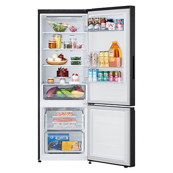 Tủ lạnh ngăn đá dưới LG 335L B33BG mở cửa với thực phẩm và đồ uống được sắp xếp trên kệ, ngăn cửa và ngăn kéo.