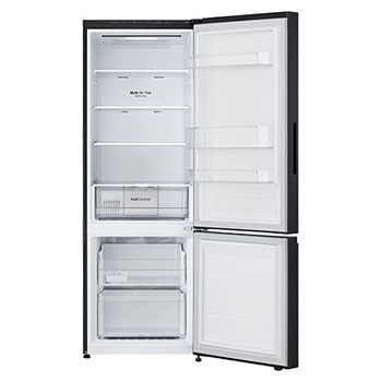 Tủ lạnh ngăn đá dưới LG B33BG mở cửa cho thấy các kệ trống, ngăn cửa, ngăn Fresh Converter và các ngăn đông.