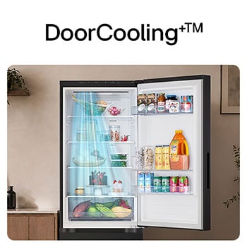 Hình ảnh minh họa DoorCooling+™ thể hiện luồng khí lạnh từ lỗ thông khí phía trên làm lạnh thực phẩm và đồ uống được cất gần cửa tủ lạnh.