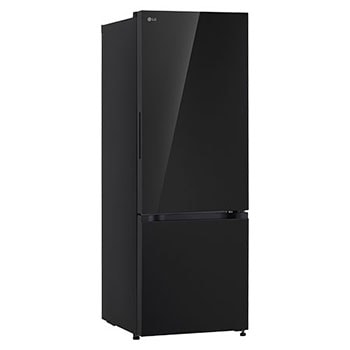 Góc nhìn chéo phía trước bên trái tủ lạnh ngăn đá dưới LG B33BG màu Black Glass thể hiện bề mặt cửa bóng gương.