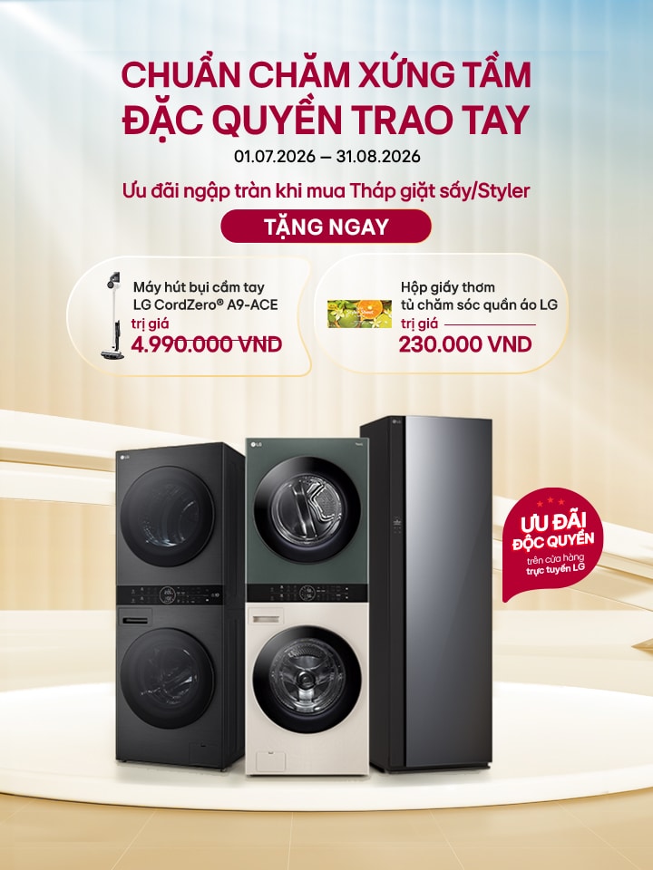 Banner ưu đãi giặt sấy - tháp giặt sấy và styler