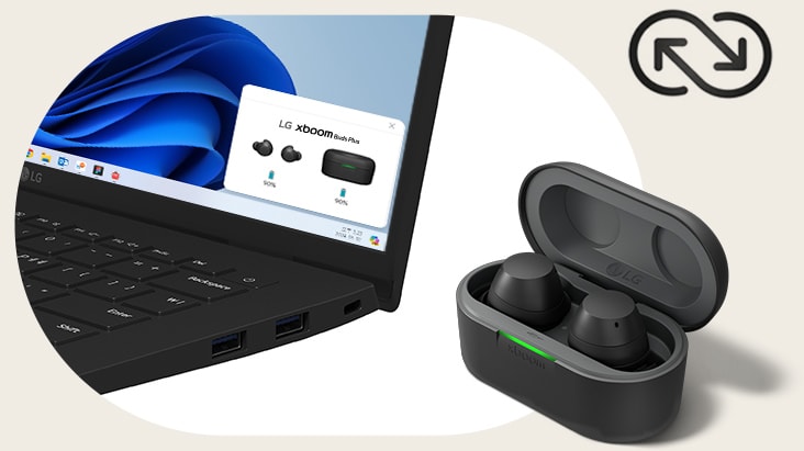 Một góc của máy tính xách tay màu đen, LG gram được đặt mở bên cạnh một chiếc xboom màu đen, giá đỡ của Buds Plus vẫn mở với một cặp tai nghe trong đó.