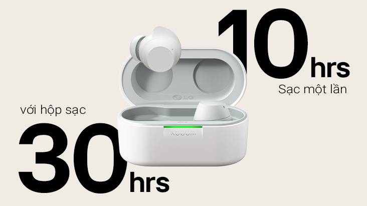 Một giá đỡ xboom Buds màu trắng được đặt với đèn sáng và có một cặp tai nghe trong đó.