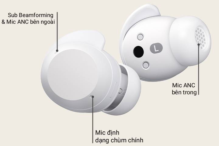 Một cặp xboom Buds Plus màu trắng minh họa 3 micrô mà nó có.