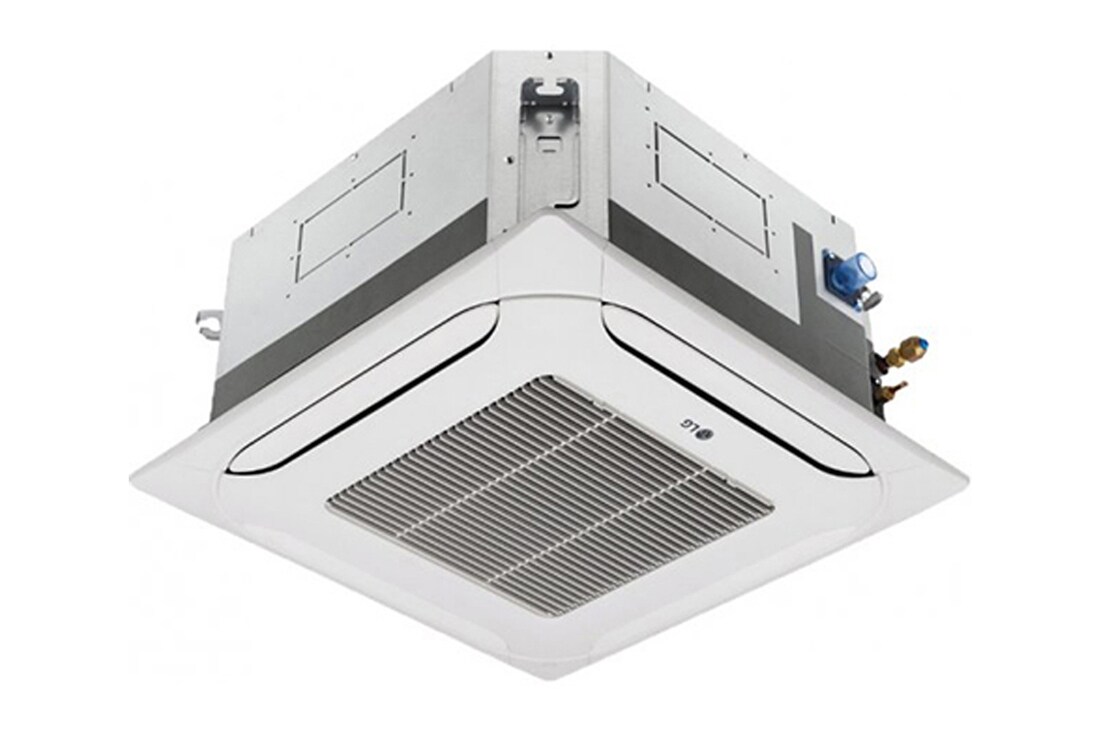 Điều hòa cassette âm trần LG ARNU09GTRB4 có phần trên màu xám và phần dưới màu trắng. Phía dưới có các quạt ở cả bốn hướng cho phép không khí lưu thông.